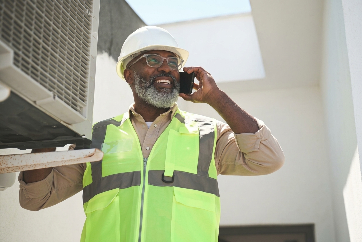 Smiling HVAC technician in a hi-viz vest and hard hat taking a service call next to a condenser unit